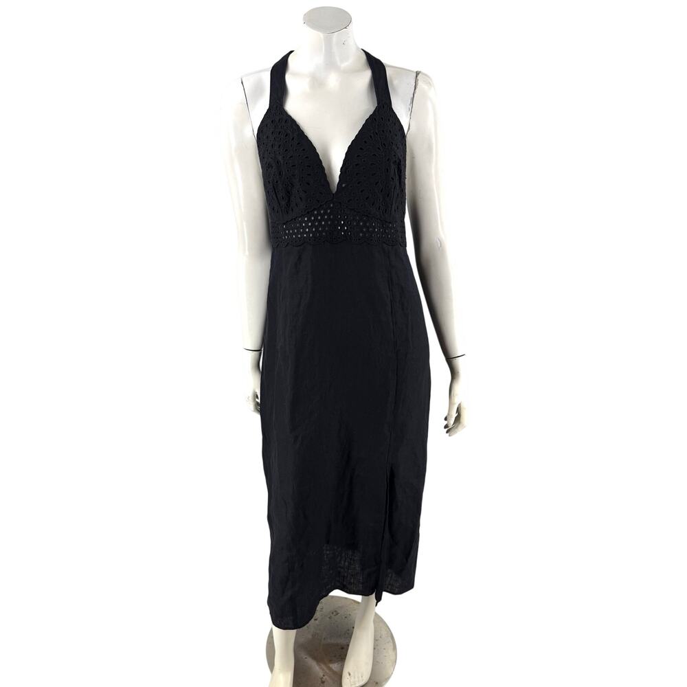 H&M Womens Natural Linen Dress Size XL Black Eyelet Tie Back Side Slit Maxi NEW